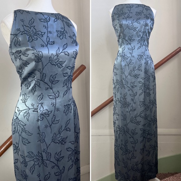 XOXO Dresses & Skirts - Vintage 90s Maxi Dress Velvet Flocked Floral High Neck Satin Formal Gown Gray